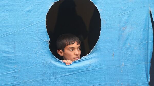 Ein Junge blickt im Flüchtlingslager Al-Hol im Nordostens Syriens aus einem Zelt., © Str/Xinhua/dpa