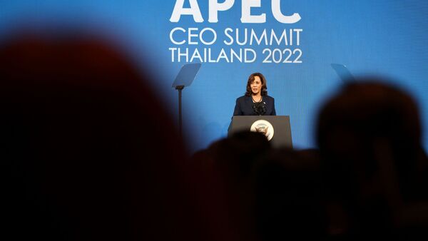 US-Vizepräsidentin Kamala Harris spricht bei einer Pressekonferenz im Rahmen des Apec-Gipfels., © Jack Taylor/AFP/AP/dpa